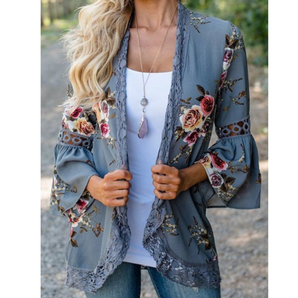 Boho Floral Lace Trim Kimono Jacket Bell Sleeve Cottagecore Shrug Gray Large